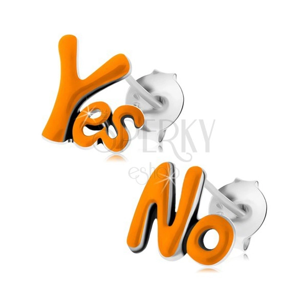 Puzetové náušnice ze stříbra 925, slova Yes a No, oranžová glazura, patina