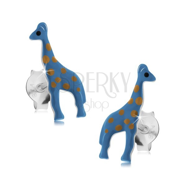 Náušnice ze stříbra 925, modrá žirafa se světle hnědými tečkami, puzetky