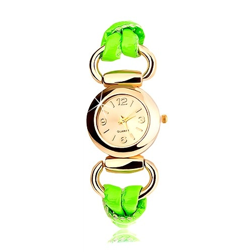 Levně Analogové hodinky, kulatý ciferník zlaté barvy, latexový zelený řemínek