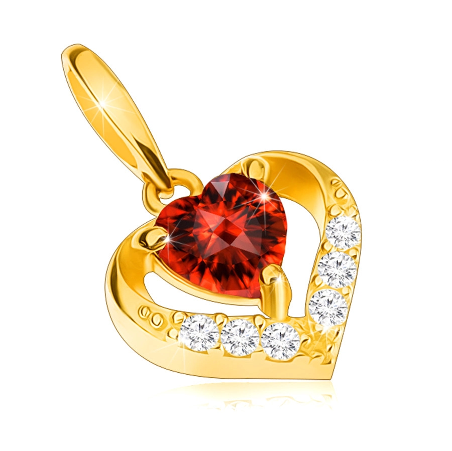 Zlatý přívěsek 375 - zirkonový obrys srdce, červený srdíčkovitý granát
