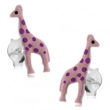 Stříbrné náušnice 925, světle růžová glazovaná žirafa s fialovými tečkami