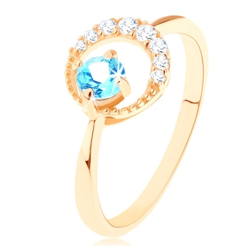 Zlatý prsten 375 - srpek měsíce zdobený čirými zirkonky, modrý topas - Velikost: 52