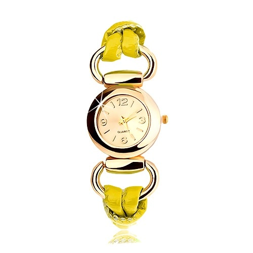 Levně Náramkové hodinky, řemínek ze žlutého latexu, kulatý ciferník zlaté barvy