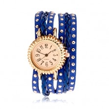 Analogové hodinky, kulatý ciferník, dlouhý úzký řemínek modré barvy