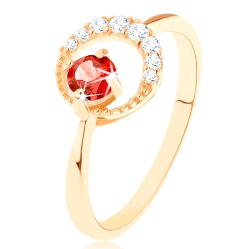 Zlatý prsten 375 - zirkonový srpek měsíce, kulatý červený granát - Velikost: 52