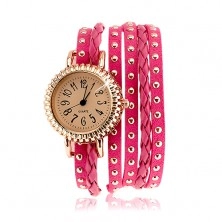 Náramkové hodinky, vroubkovaný ciferník, růžový řemínek - okované proužky