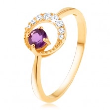 Zlatý prsten 375 - tenký zirkonový půlměsíc, ametyst ve fialovém odstínu