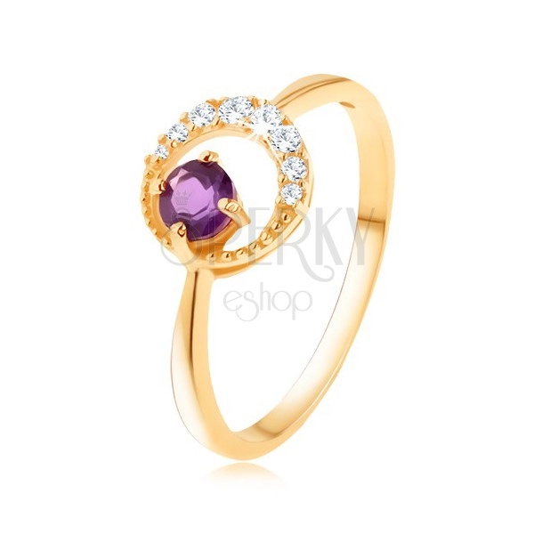 Zlatý prsten 375 - tenký zirkonový půlměsíc, ametyst ve fialovém odstínu