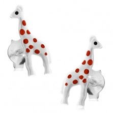 Stříbrné náušnice 925, lesklá bílá žirafa s červenými tečkami, puzetky