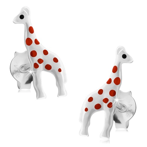 Stříbrné náušnice 925, lesklá bílá žirafa s červenými tečkami, puzetky