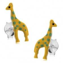 Puzetové náušnice, stříbro 925, žlutá glazovaná žirafa se zelenými tečkami