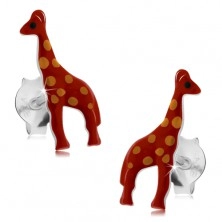 Stříbrné náušnice 925, lesklá červená žirafa s oranžovými tečkami, glazura
