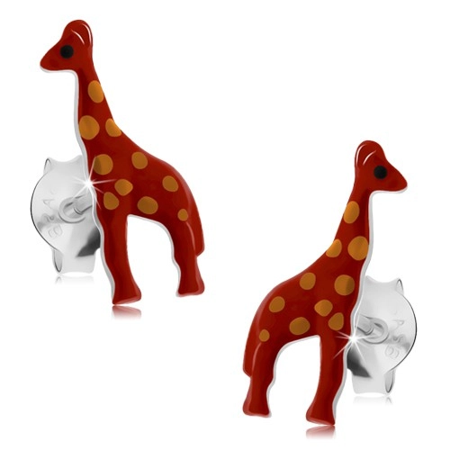 Levně Stříbrné náušnice 925, lesklá červená žirafa s oranžovými tečkami, glazura
