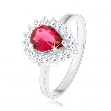 Stříbrný 925 prsten, rubínově červená zirkonová slza, čirý třpytivý lem
