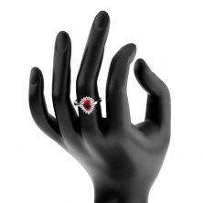 Stříbrný 925 prsten, rubínově červená zirkonová slza, čirý třpytivý lem