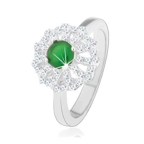 Prsten ze stříbra 925, květ s obrysy čirých lupínků, zelený zirkonový střed - Velikost: 60