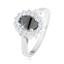 Stříbrný prsten 925, oválný černý zirkon, třpytivá obruba, rhodiovaný