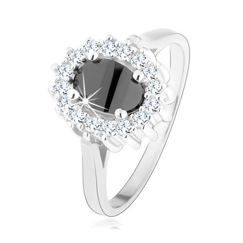 Stříbrný prsten 925, oválný černý zirkon, třpytivá obruba, rhodiovaný - Velikost: 59