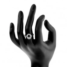 Stříbrný prsten 925, oválný černý zirkon, třpytivá obruba, rhodiovaný