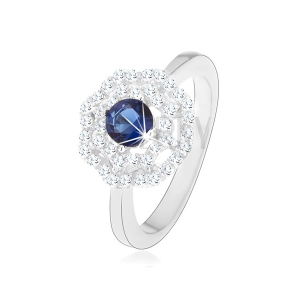 Rhodiovaný stříbrný prsten 925, slunce - modrý kulatý zirkon, dvojitý čirý lem