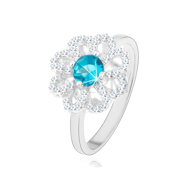 Třpytivý prsten, stříbro 925, zirkonový květ - čiré lupínky, světle modrý střed
