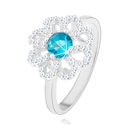 Třpytivý prsten, stříbro 925, zirkonový květ - čiré lupínky, světle modrý střed - Velikost: 55