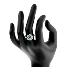 Třpytivý prsten, stříbro 925, zirkonový květ - čiré lupínky, světle modrý střed