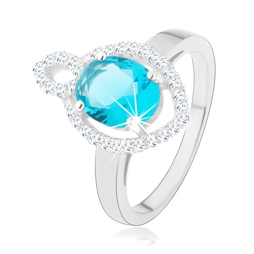 Prsten, stříbro 925, oválný světle modrý zirkon s čirým lemem, obrys zrnka - Velikost: 53