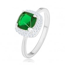Prsten ze stříbra 925, zelený broušený zirkon - čtverec, třpytivý lem