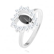 Stříbrný prsten 925, černý zirkon - zrnko, srdcovitý obrys, čiré zirkony