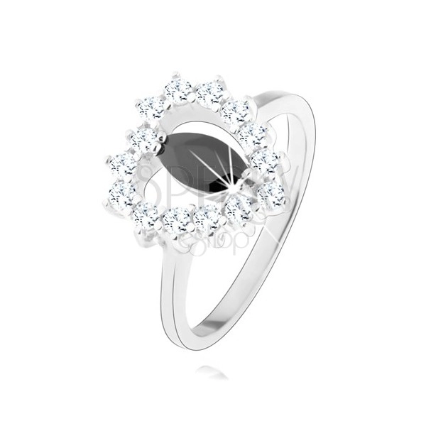 Stříbrný prsten 925, černý zirkon - zrnko, srdcovitý obrys, čiré zirkony
