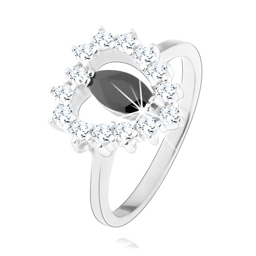 Stříbrný prsten 925, černý zirkon - zrnko, srdcovitý obrys, čiré zirkony - Velikost: 52