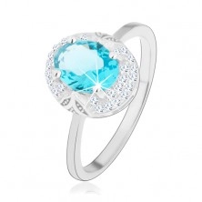 Rhodiovaný prsten, stříbro 925, světle modrý zirkonový ovál, výřezy
