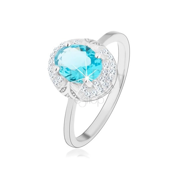 Rhodiovaný prsten, stříbro 925, světle modrý zirkonový ovál, výřezy