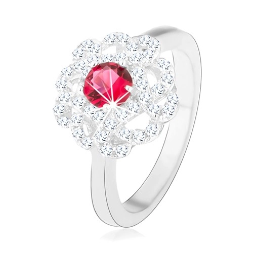 Stříbrný prsten 925, květ s tmavě růžovým zirkonem a zvlněnými liniemi - Velikost: 59