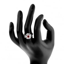 Stříbrný prsten 925, květ s tmavě růžovým zirkonem a zvlněnými liniemi
