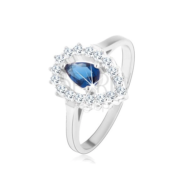 Prsten, stříbro 925, čirá kontura obrácené kapky s modrou zirkonovou slzou