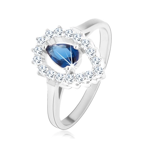 Prsten, stříbro 925, čirá kontura obrácené kapky s modrou zirkonovou slzou - Velikost: 52