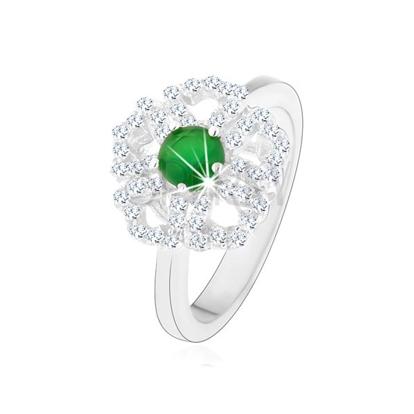 Prsten ze stříbra 925, blýskavý kvítek, čiré obrysy lupínků, zelený střed