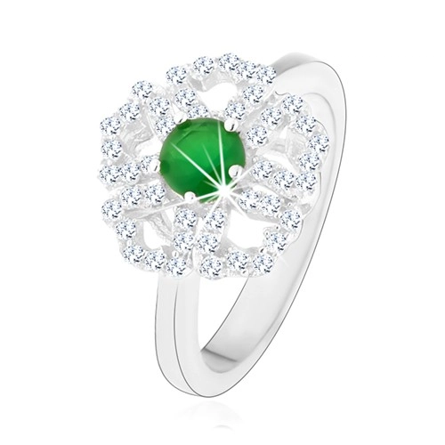 Prsten ze stříbra 925, blýskavý kvítek, čiré obrysy lupínků, zelený střed - Velikost: 50