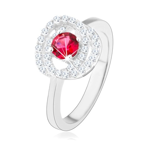 Stříbrný prsten 925, lesklá ramena, dvojitý lem, tmavě růžový zirkon - Velikost: 60