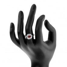 Stříbrný prsten 925, lesklá ramena, dvojitý lem, tmavě růžový zirkon