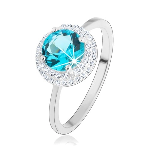 Blýskavý prsten, stříbro 925, kulatý zirkon akvamarínové barvy, čirý lem - Velikost: 46