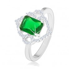 Stříbrný prsten 925, zelený obdélníkový zirkon, čiré obrysy lístků, obloučky