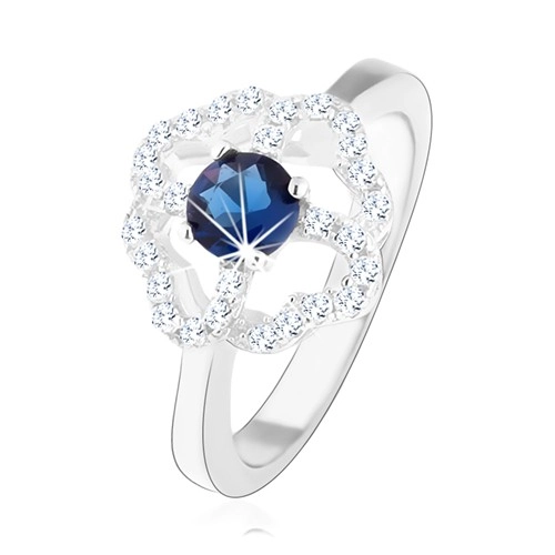Rhodiovaný prsten ze stříbra 925, čirý obrys čtyřlístku s modrým zirkonem - Velikost: 50