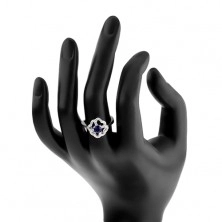 Rhodiovaný prsten ze stříbra 925, čirý obrys čtyřlístku s modrým zirkonem
