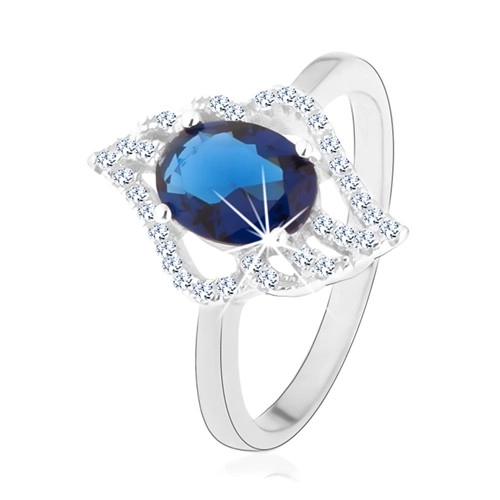 Stříbrný prsten 925, kontura čirého lístku s oválným tmavě modrým zirkonem - Velikost: 57