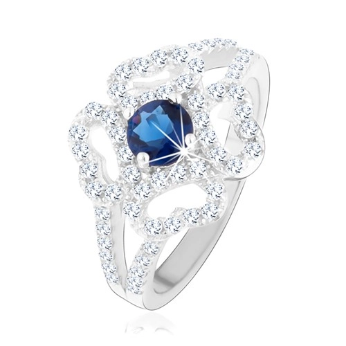 Prsten - stříbro 925, rozdělená ramena, čirý obrys květu, modrý zirkon - Velikost: 49