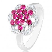 Blýskavý prsten, stříbro 925, lesklá ramena, květ z růžových a čirých zirkonů