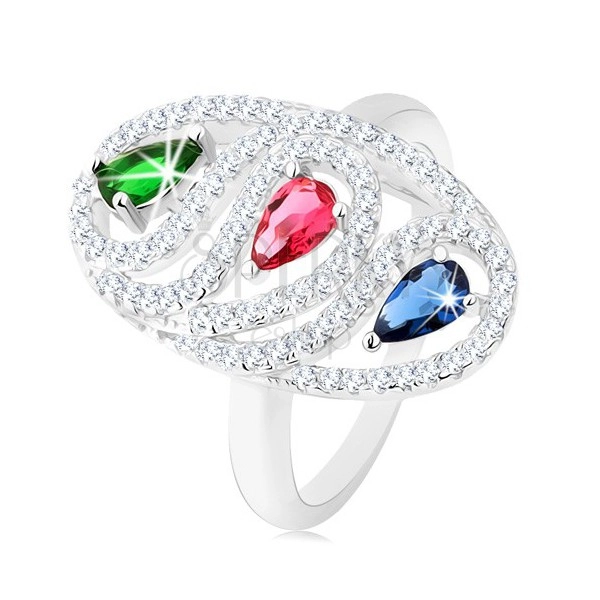 Stříbrný prsten 925, zirkonová oválná kontura, barevné broušené kapky